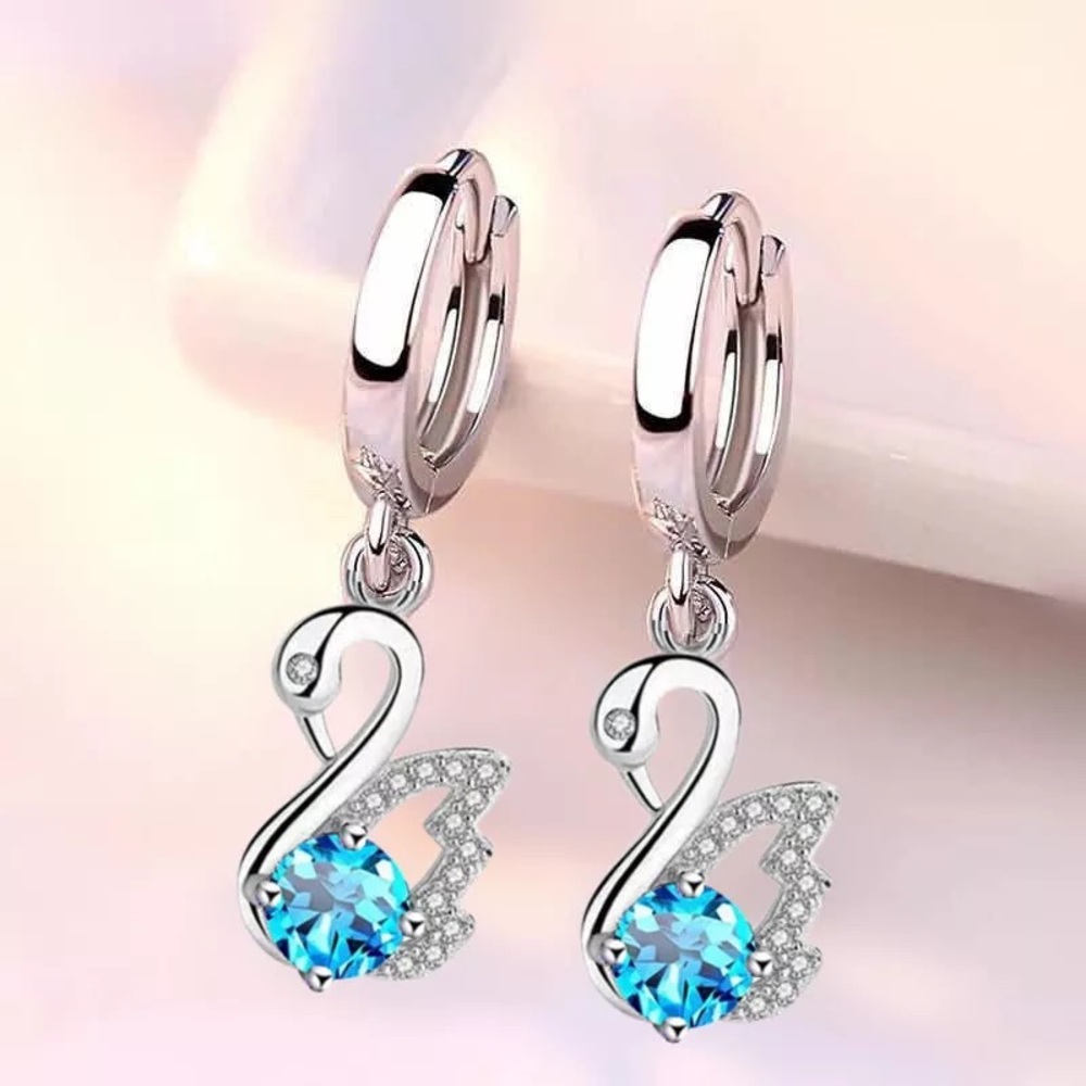 New Sterling Silver 925 Blue Crystal Swan Hoops earring set